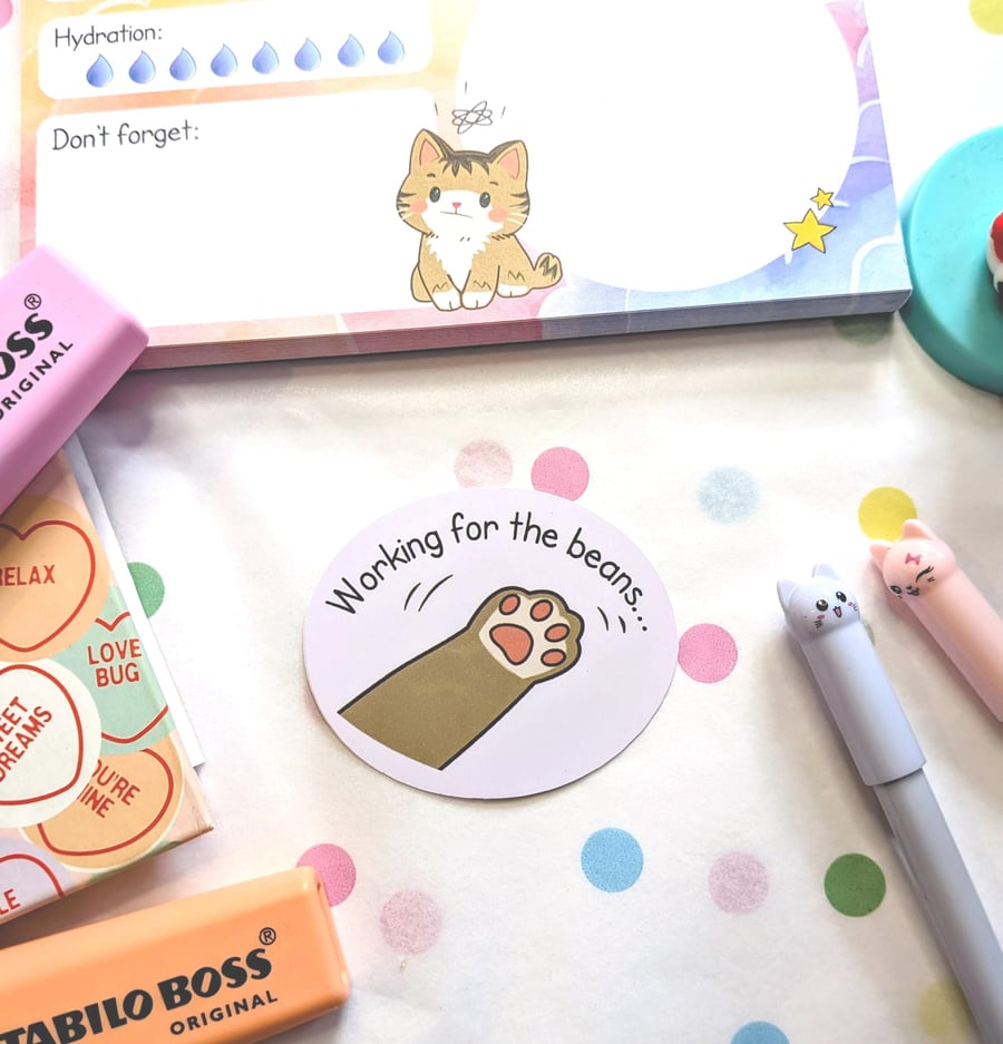 Funny Cat Sticker, Working For The Beans Paw Decal, Office Humour Stationery