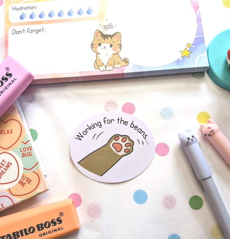 Funny Cat Sticker, Working For The Beans Paw Decal, Office Humour Stationery