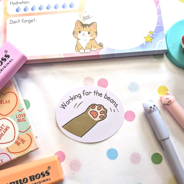 Funny Cat Sticker, Working For The Beans Paw Decal, Office Humour Stationery