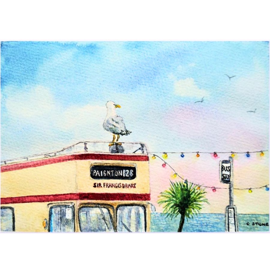  Hitching a Ride Seagull and Open Top Bus Devon Original Watercolour Painting