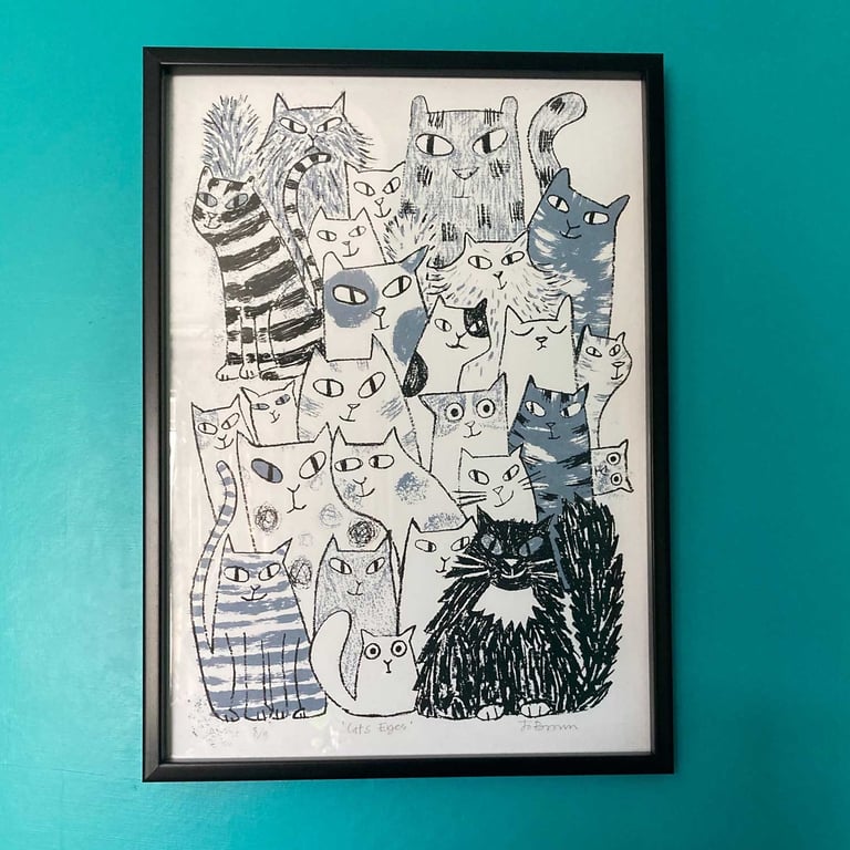 Cats Eyes quirky A3 unframed original Screen Print by Jo Brown Happy Tomato