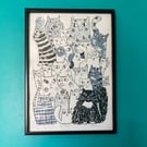 Cats Eyes quirky A3 unframed original Screen Print by Jo Brown Happy Tomato