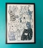 Cats Eyes quirky A3 unframed original Screen Print by Jo Brown Happy Tomato