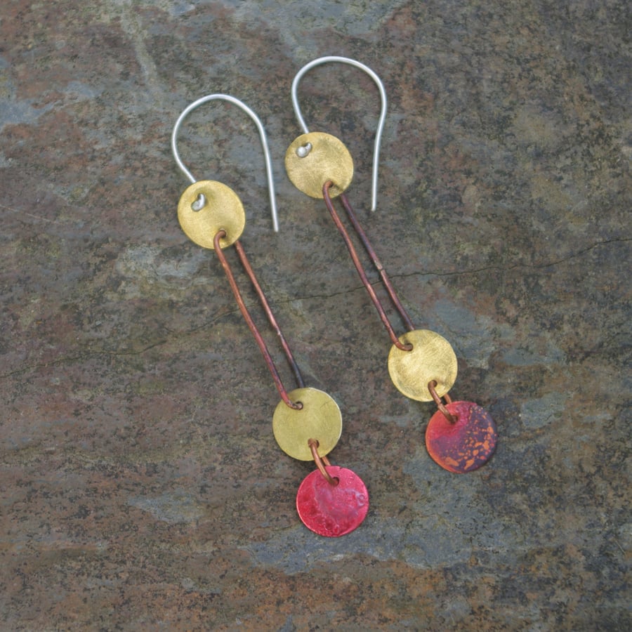 SALE Long Dangle  Copper  and Brass Circles Earrings