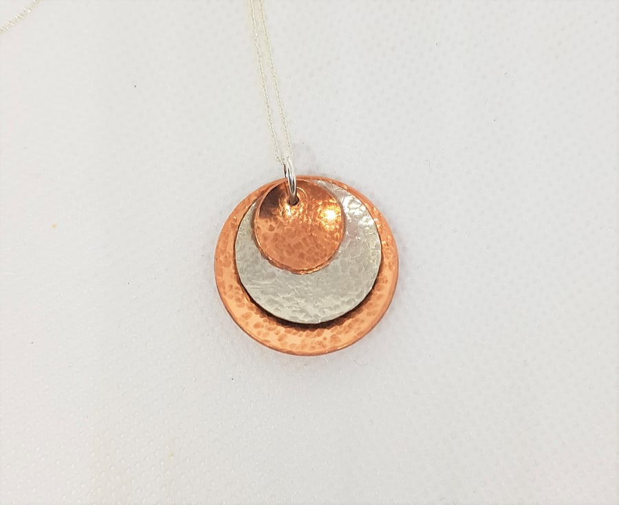 Sterling Silver Disc Pendant, Copper Disc Pendant, Trio Disc Pendant, Hammered S