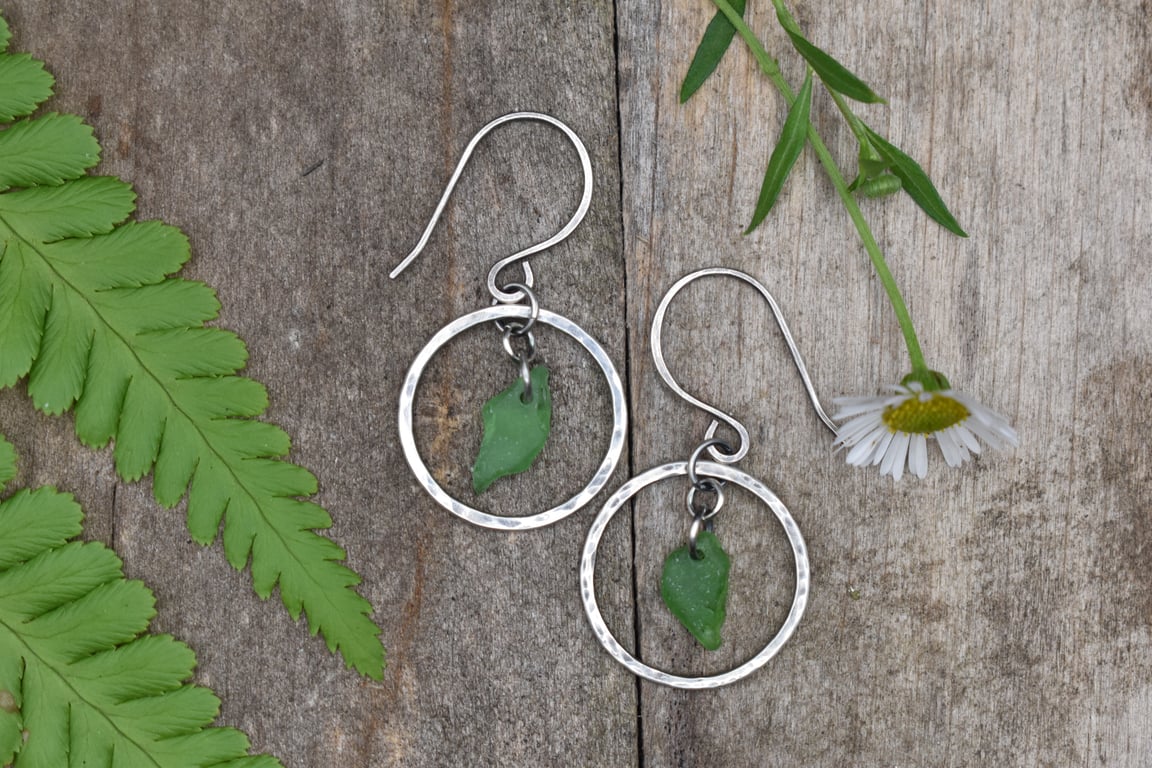 Sea Glass and Sterling Silver Circle Earrings, Green