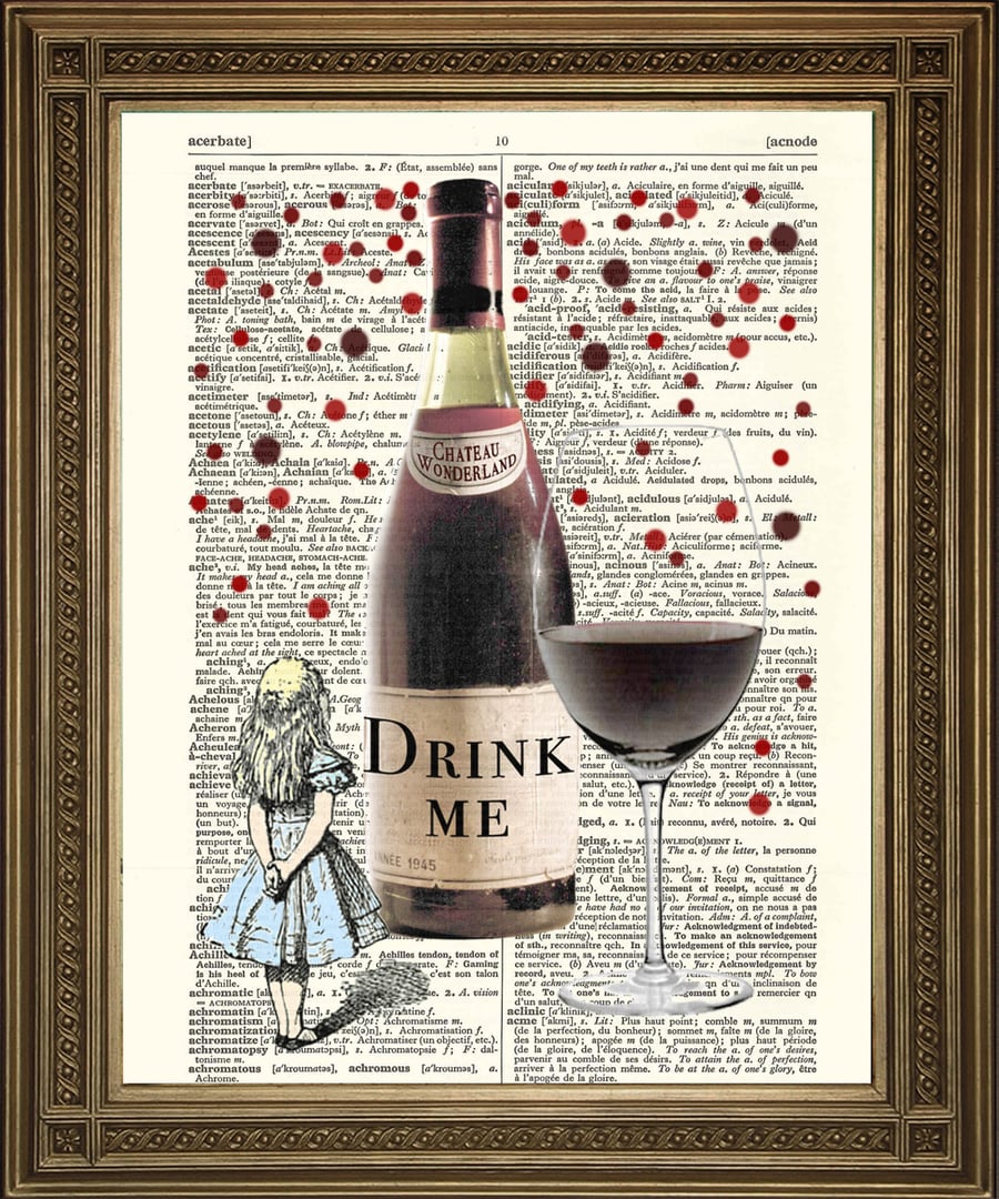 Alice In Wonderland: Dictionary Art Print, 'Drink Me' Wine Wall Hanging