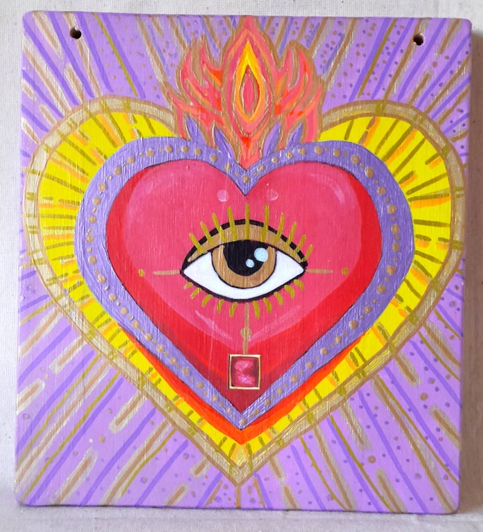 Flaming Heart with Protective Eye Hand Painted On Preloved Wood 