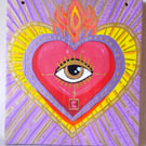 Flaming Heart with Protective Eye Hand Painted On Preloved Wood 