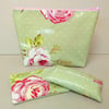 Make up bag gift set in green with pink flowers, tissue holder & purse