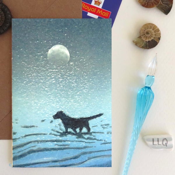 Moonlit walkies walking the dog seaside artist card plastic free unwrapped card