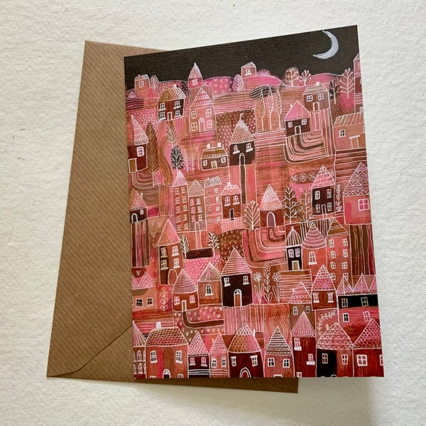 Patchwork Village, blank greetings card 