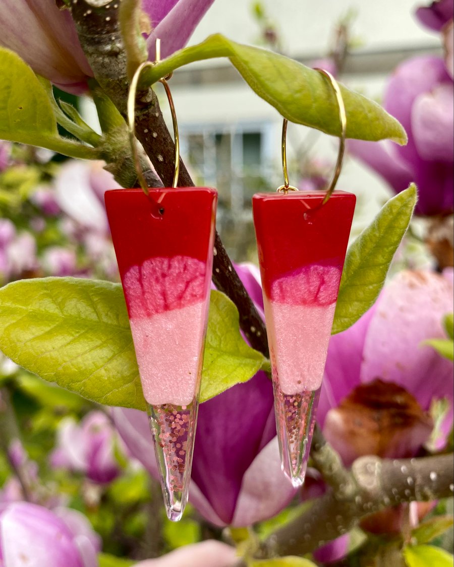 Handmade magenta pink resin and glitter triangle hoop earrings