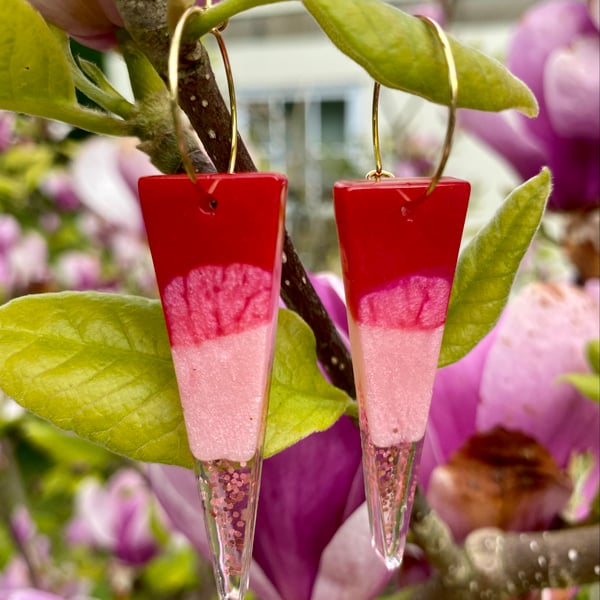 Handmade magenta pink resin and glitter triangle hoop earrings