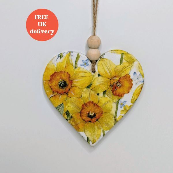 Daffodils - large clay heart hanging decoration, spring decoration, gift for her
