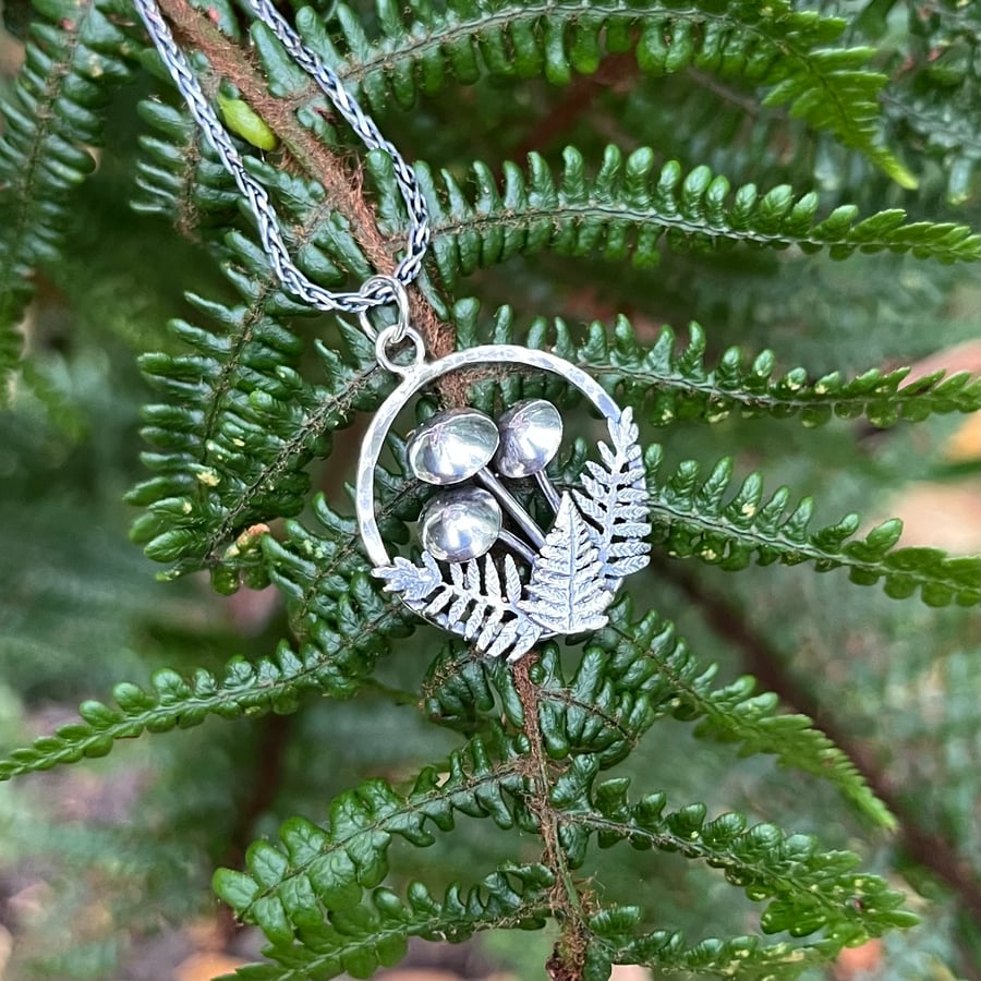 Handmade Sterling Silver Mushroom And Fern Pendant