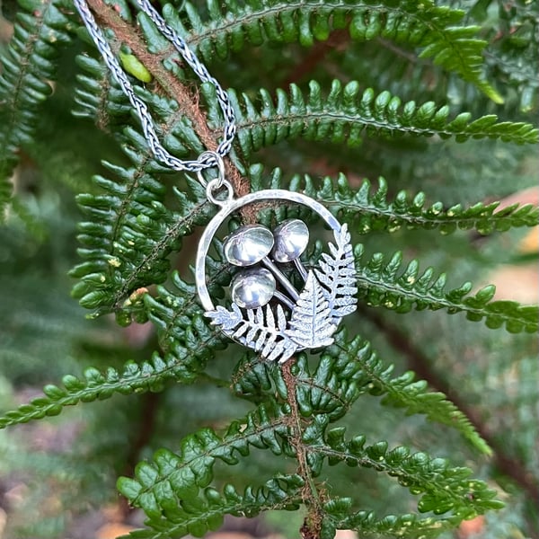 Handmade Sterling Silver Mushroom And Fern Pendant