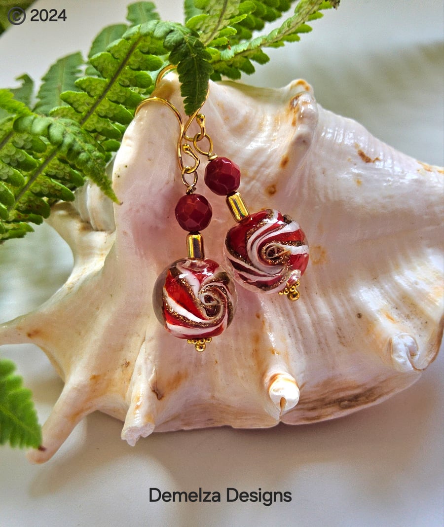 Murano Glass & Eco Bamboo Red Coral Gold Vermeil Earrings 