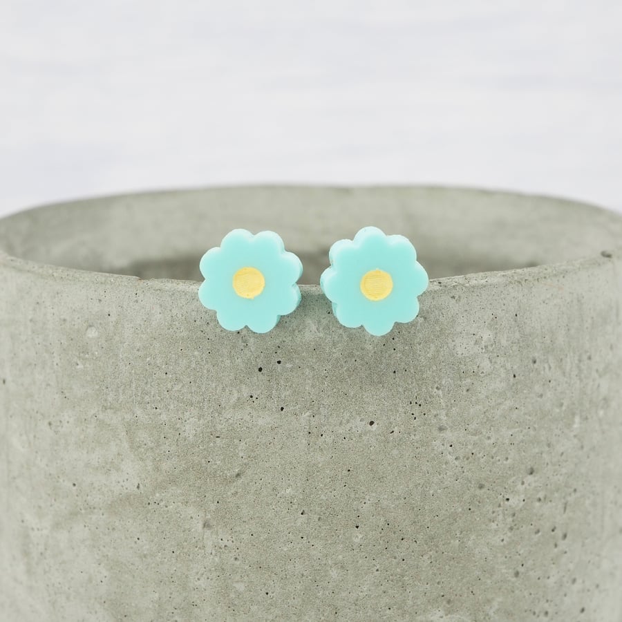 Pastel blue flower studs - Titanium stems - Hypoallergenic