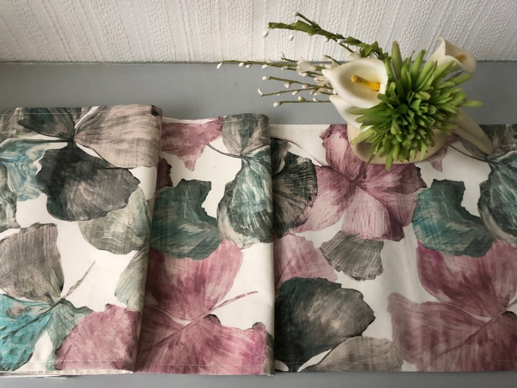 6.5 foot Table Runner Tropical Flower Pink Grey Green Cotton Lined Home Dec