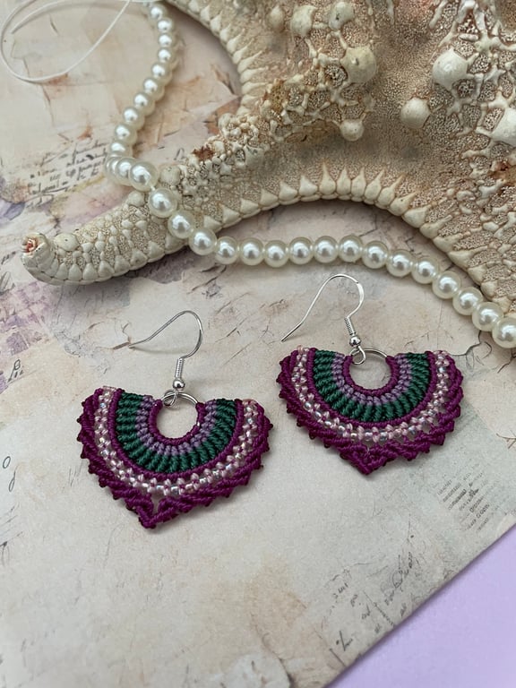 Boho dangle fan shape micro macrame beaded festival earrings,summer,beach