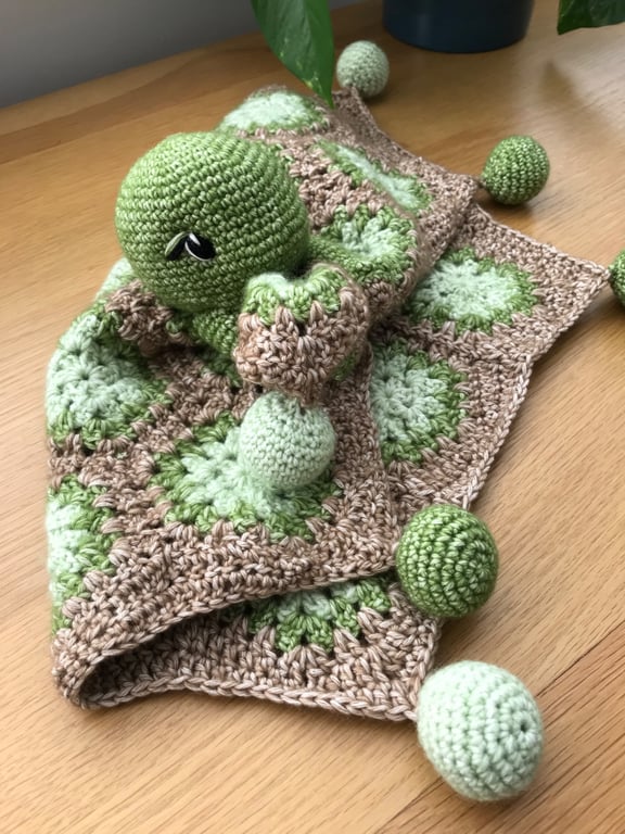 Crocheted Pebbles the Turtle Baby Comforter - Handmade Baby Snuggle Lovey.