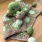 Crocheted Pebbles the Turtle Baby Comforter - Handmade Baby Snuggle Lovey.