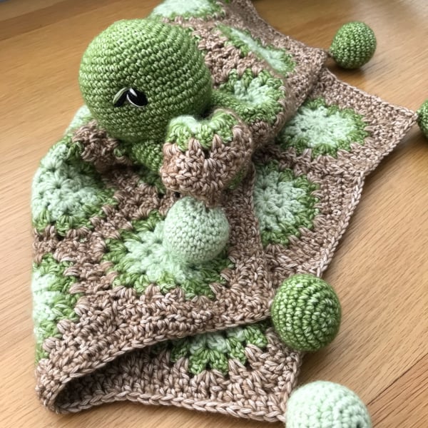 Crocheted Pebbles the Turtle Baby Comforter - Handmade Baby Snuggle Lovey.