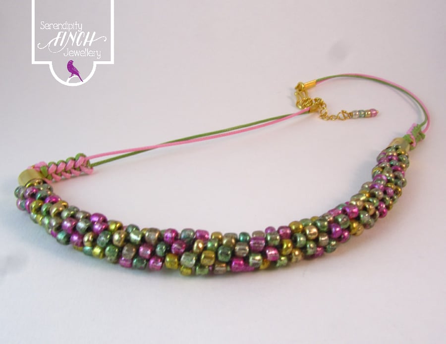 Pink Green Beaded Kumihimo Necklace