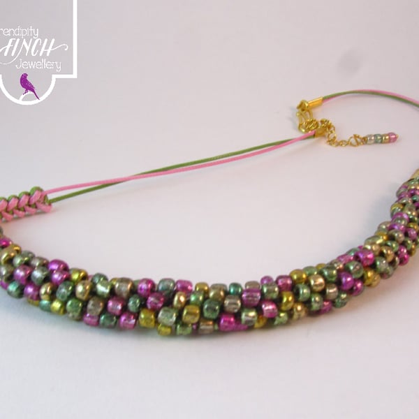 Pink Green Beaded Kumihimo Necklace