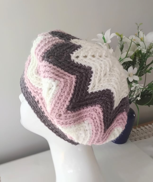 Striped Boho Chevron Crochet Beret in Fig, Pink and Cream