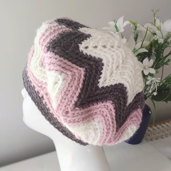 Striped Boho Chevron Crochet Beret in Fig, Pink and Cream