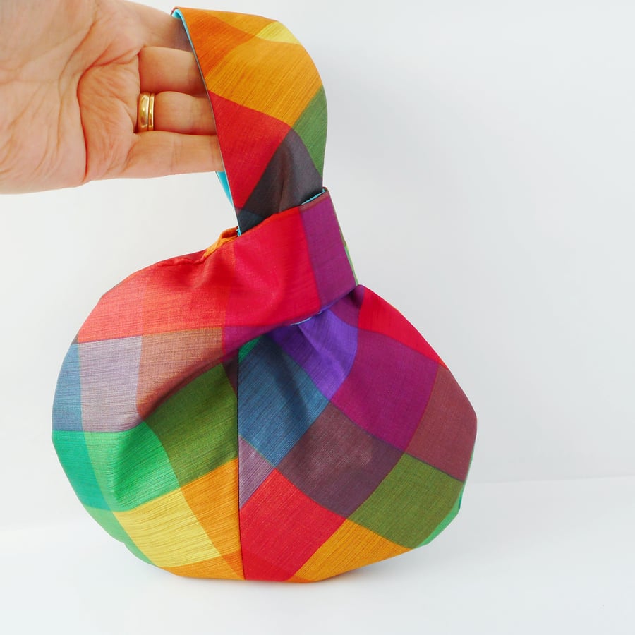 SOLD Recycled satin japanese knot bag in rainbow colours