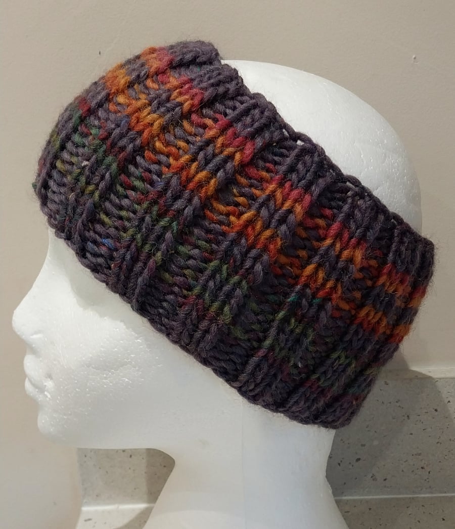 Hand Knitted stripey Merino Headband in Purple 
