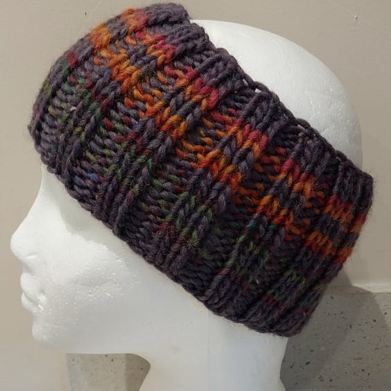 Hand Knitted stripey Merino Headband in Purple 