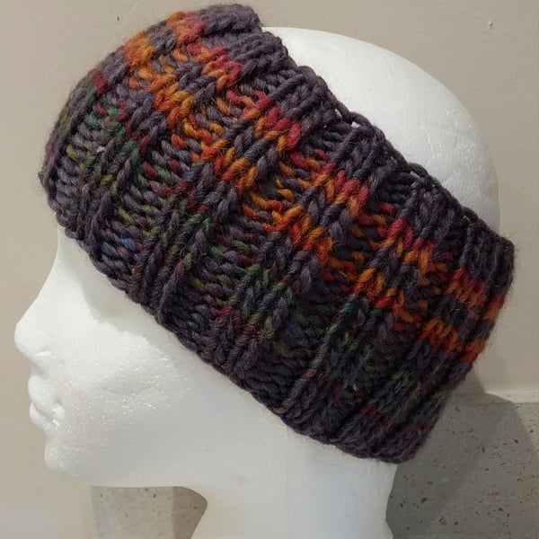 Hand Knitted stripey Merino Headband in Purple 