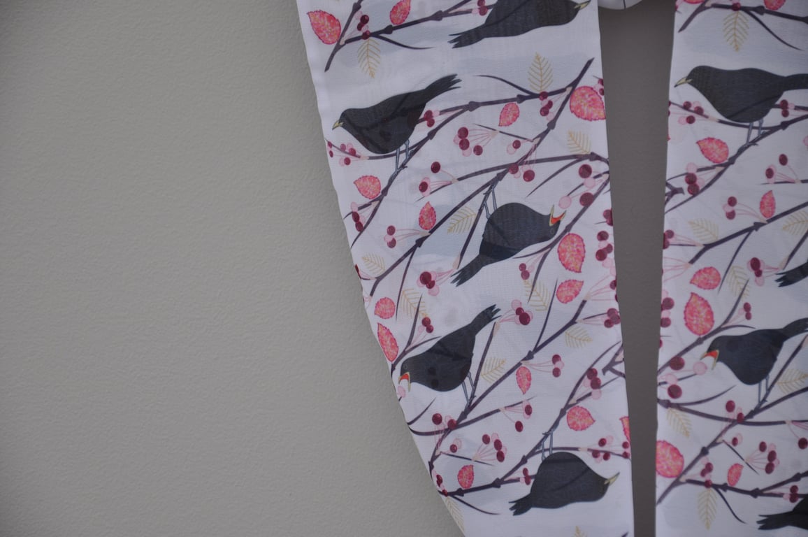 Handprinted chiffon scarf Blackbirds & Berries