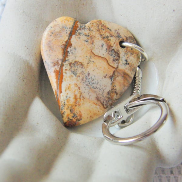 Caramel Coloured Jasper Heart Key Ring, End of Term Gift, Teacher Gift, Key Ring