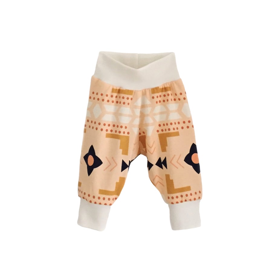 baby trousers, Organic cuff pants in PEACHY GEOMETRICS print, relaxed trousers