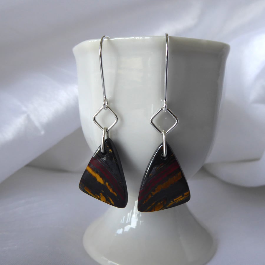 Sterling Silver and Iron Tiger's Eye Earrings with Diagonal Stripes