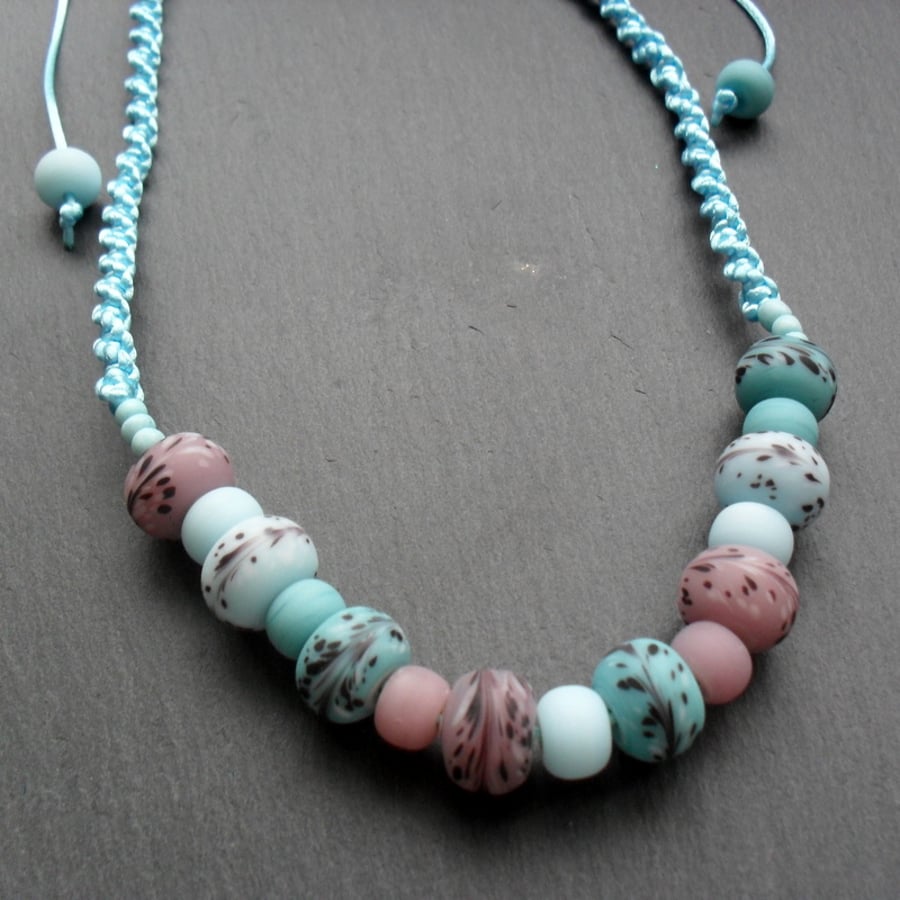 Macram'e Knotted Necklace With Glass Beads In Blue and Mauve Non Metal