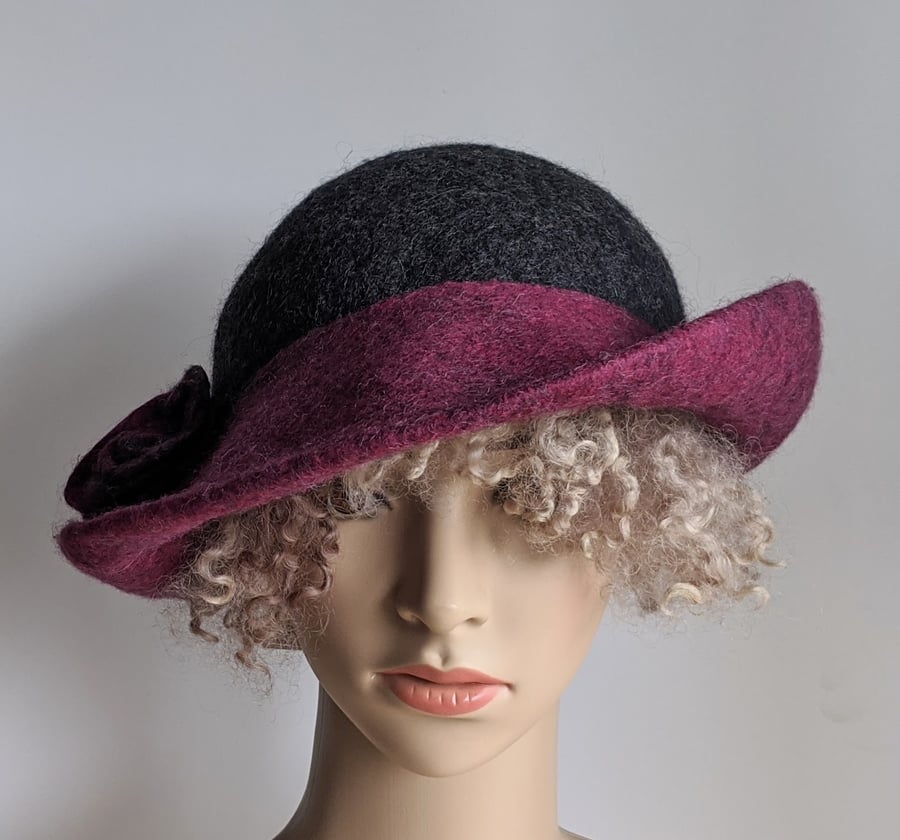 Tweedy grey and raspberry felted wool hat - One of the 'Squashable' range