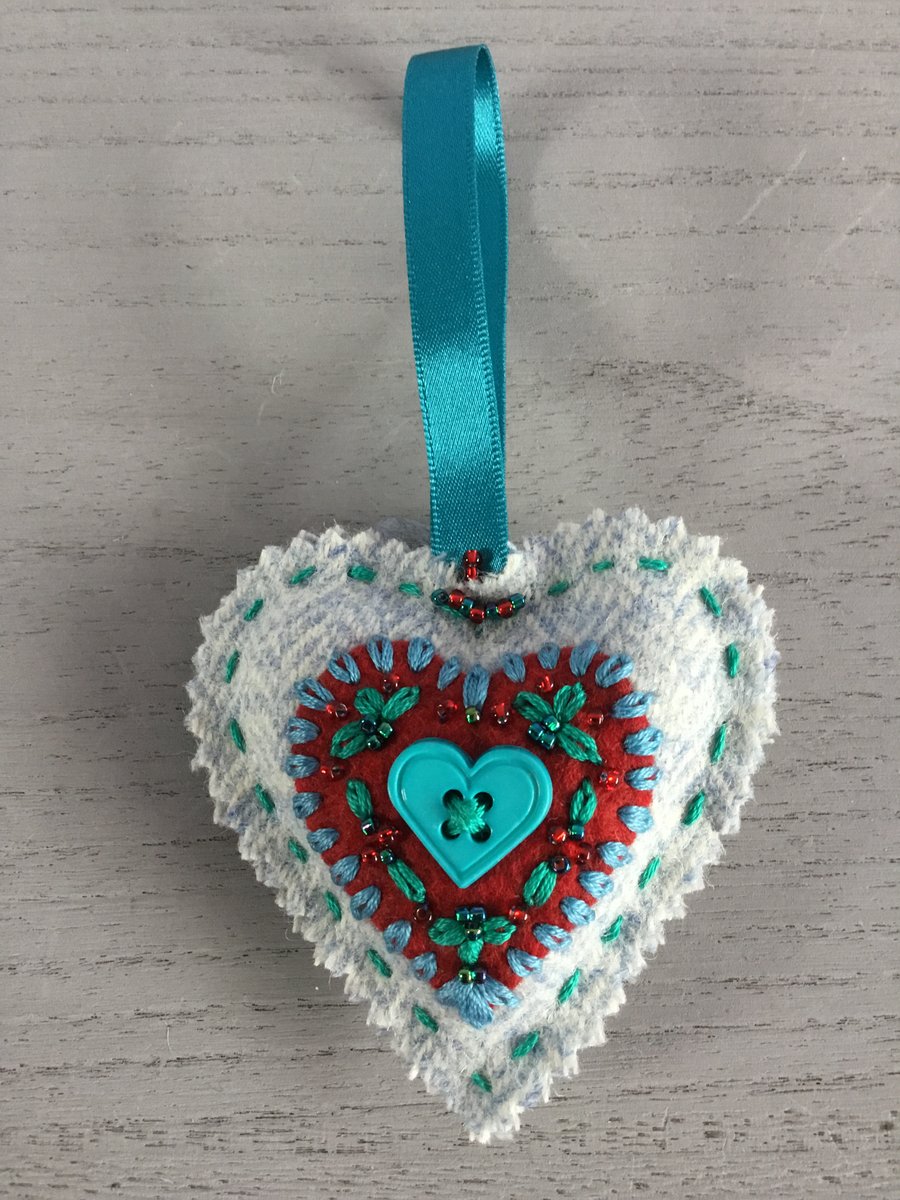 Embroidered Blue Heart Hanging Decoration 