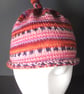 Handknit KNOTTY TOP BEANIE Stripey jacquard in Pinks & Reds child teen adult sma - Image 3