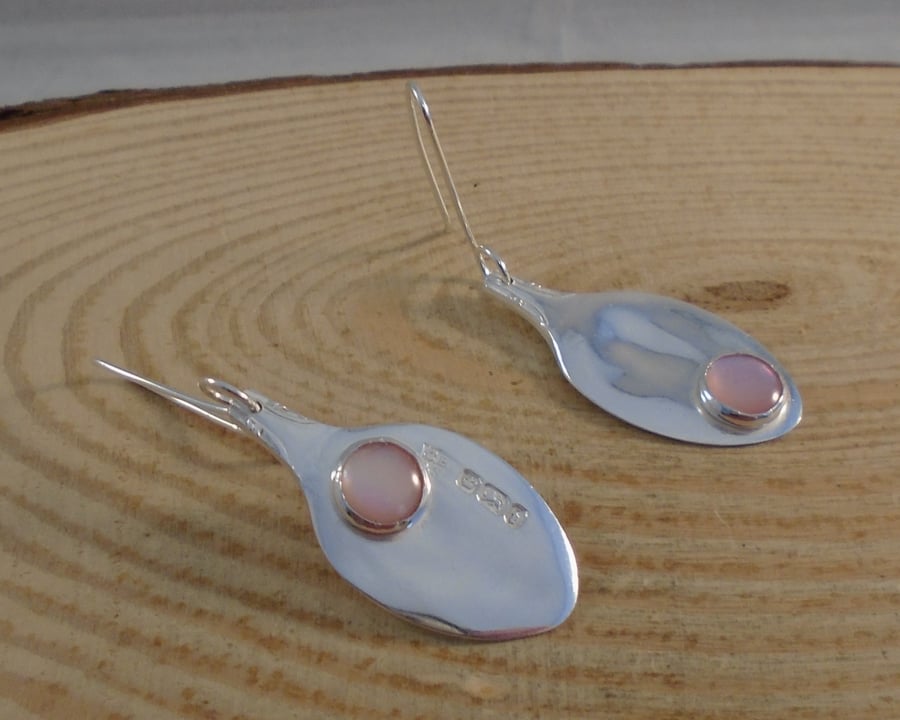 Sterling Silver Upcycled Pink Mother Pearl Sugar Tong Spoon Earrings