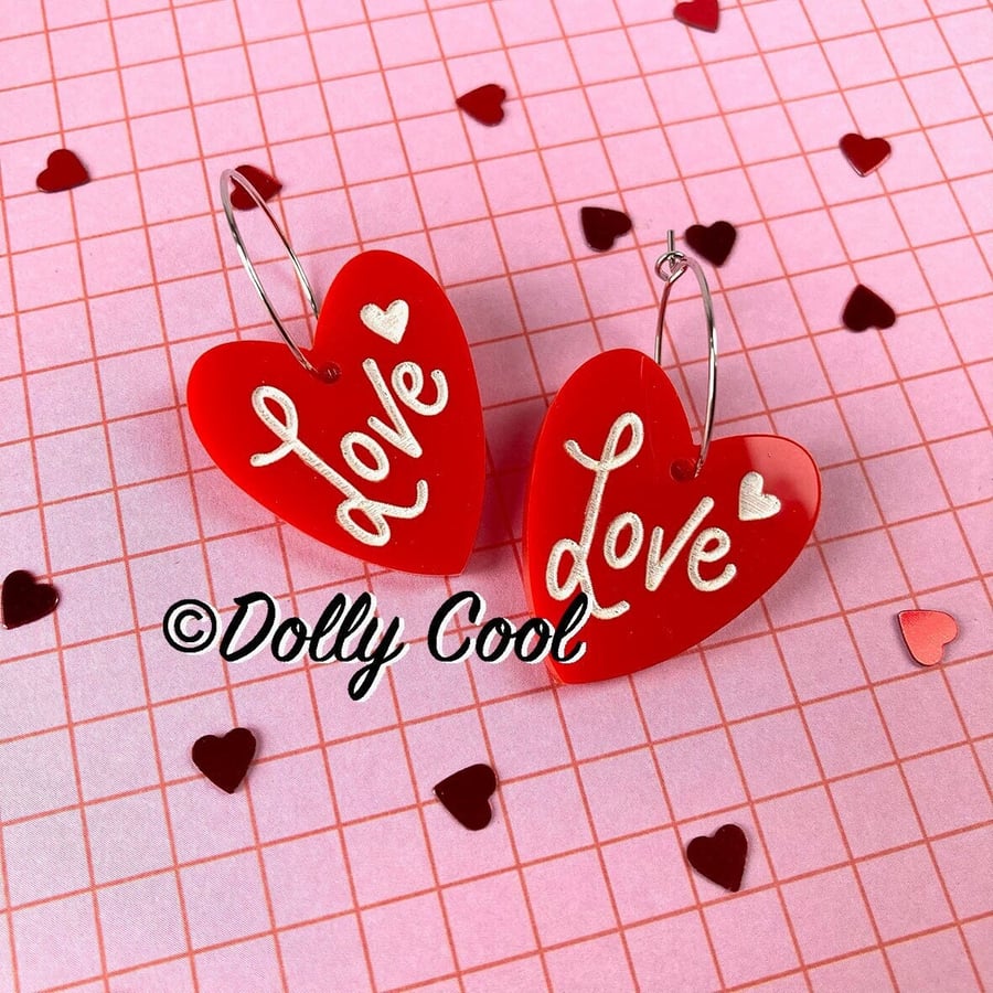 Love Heart Drop Hoop Earrings - Red & white - Acrylic Earrings - Stainless Steel