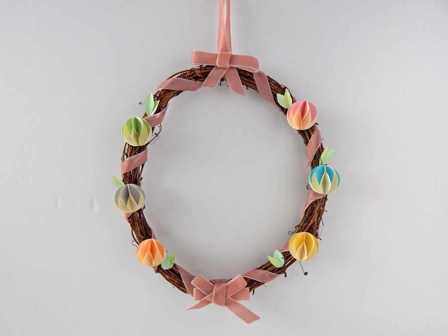 Wreath Decor for Spring in Pink with pastel paper decorations. Easter Gifts.