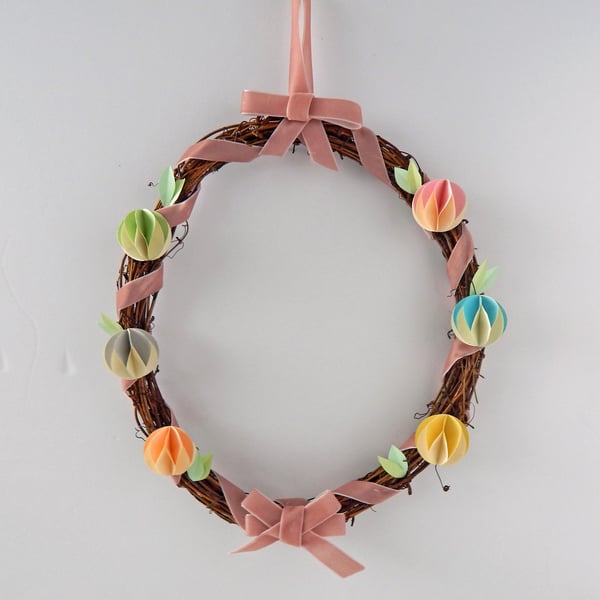 Wreath Decor for Spring in Pink with pastel paper decorations. Easter Gifts.