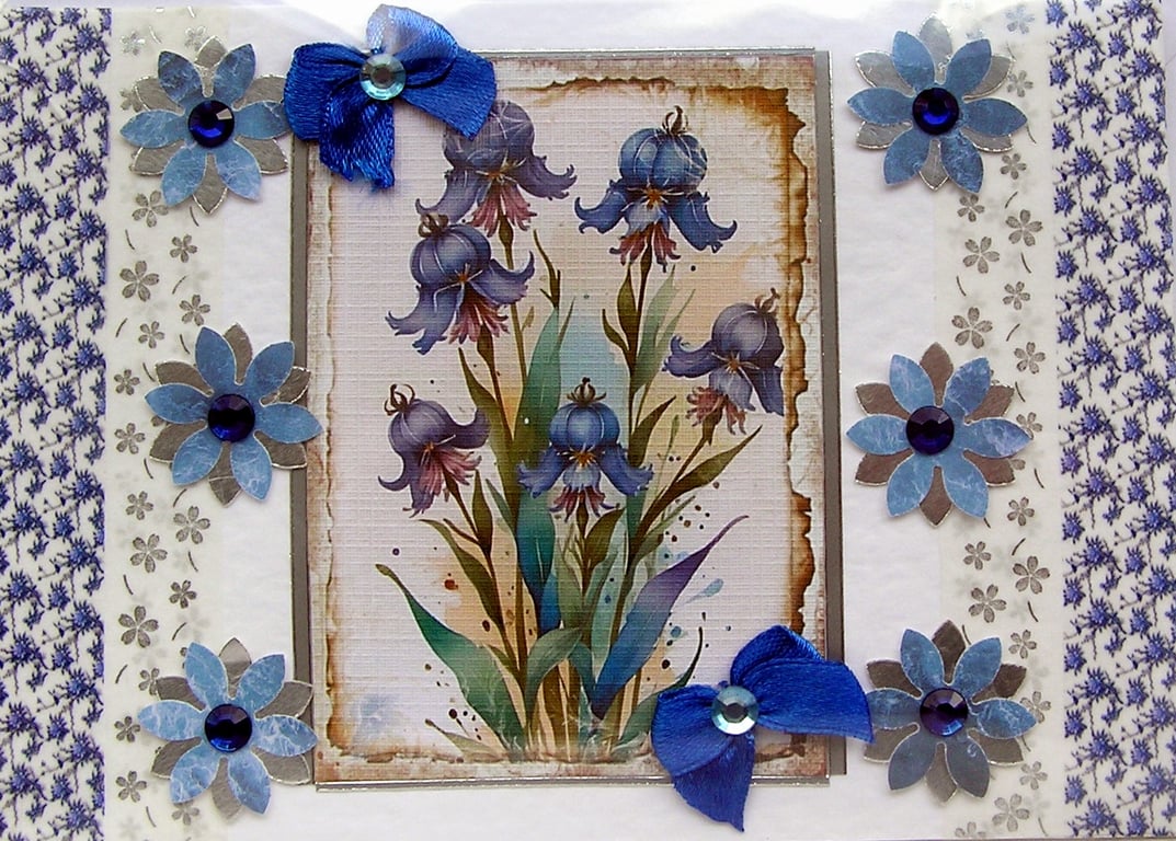 Blue Harebell Flower - Hand Crafted Decoupage Greeting Card - Blank 2883