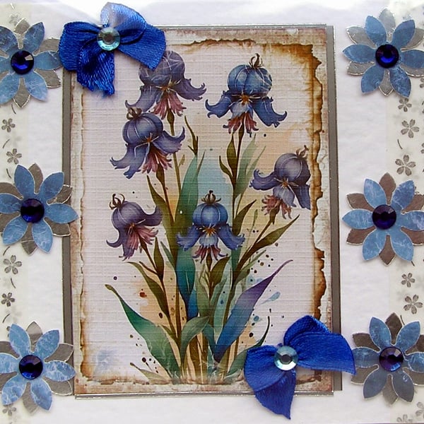 Blue Harebell Flower - Hand Crafted Decoupage Greeting Card - Blank 2883